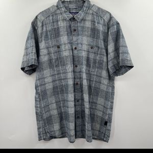 Patagonia Men Size XL Blue Plaid Migration Hemp Cotton Short SLeeve Button Shirt